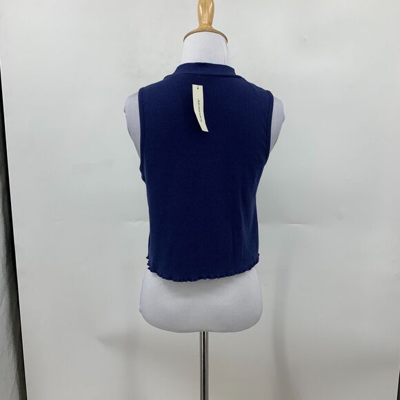 GB Fashion Francescas Tank Womens M Navy Ribbed Sleeveless Lettuce Hem Mock Neck - Picture 6 of 13